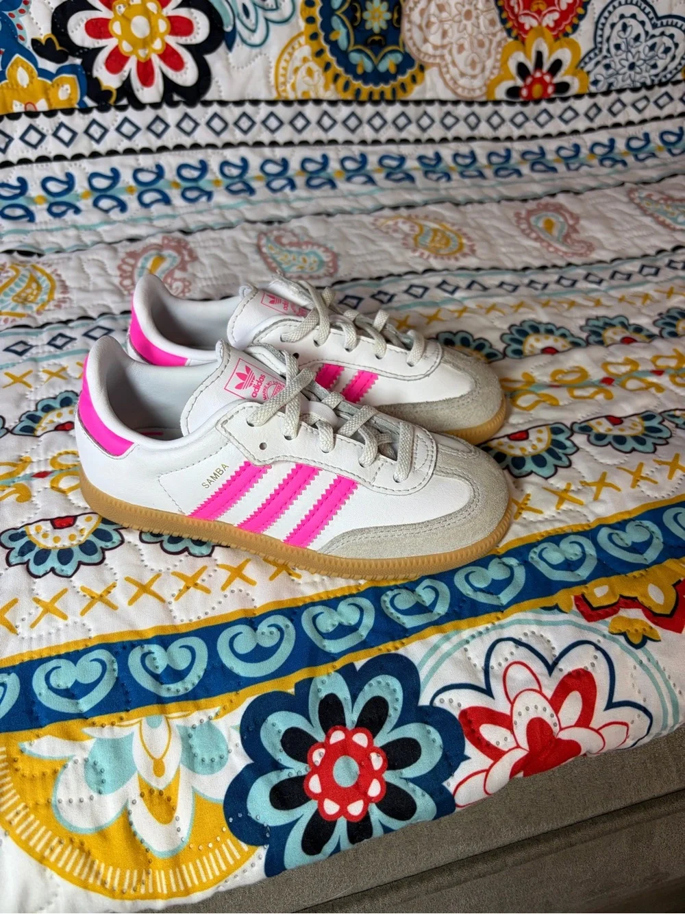 adidas Kids Samba Sneakers — White with Hot Pink Stripes
